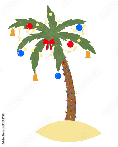Palm tree with lighting garland, balls and bells. Tropical christmas holiday celebration. Hand drawn vector illustration