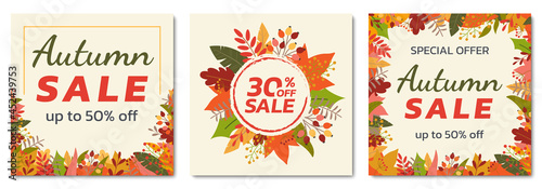Autumn sale banner set with fall leaves. Square floral backgrounds with foliage frame. Promotion poster, social media post, discount card or flyer design template. Vector illustration. 