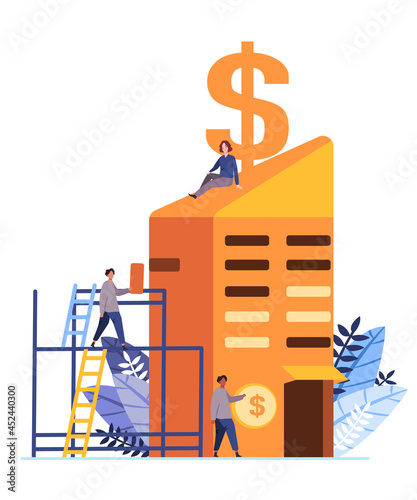 the symbols of capitalism, a woman stands on building an economic system in which capital goods are owned by private individuals or businesses
