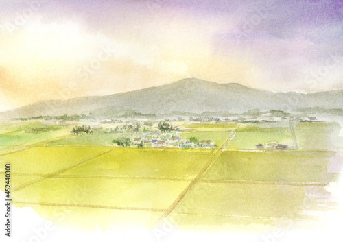 秋の田園風景　俯瞰　水彩画