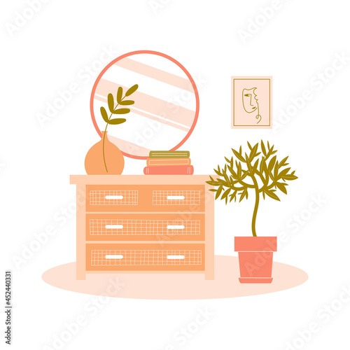 Vector flat illustration with a commode on white background. Modern interior items for room: chest, houseplant, mirror, books, picture