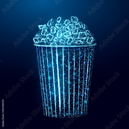 Pop corn wireframe. Poster template with glowing low poly tasty snack. Futuristic modern abstract. Isolated on dark background. Vector illustration.