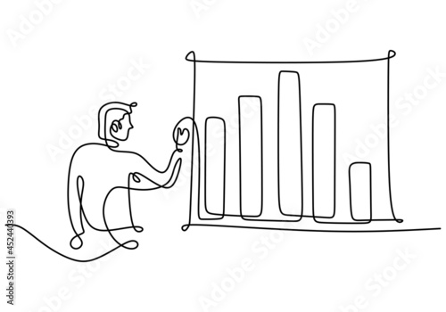 Continuous one line of man doing business presentation. A professional businessman presenting economic graphic on white board. Workshop presentation concept hand drawn line art minimalism design