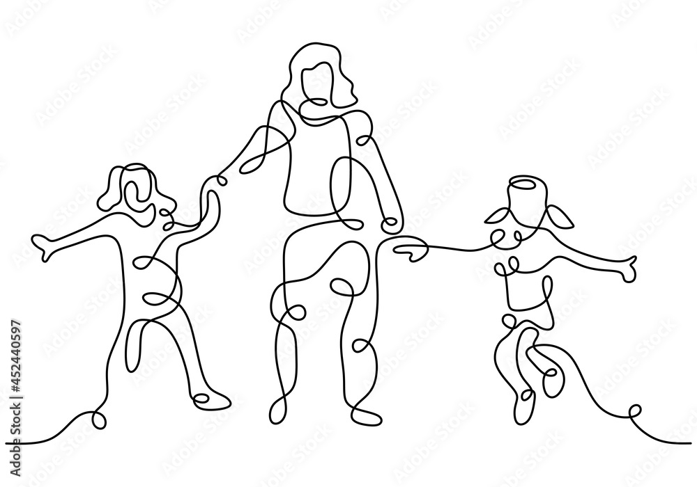 Happy mom with her two children in continuous line art drawing style. Young mother holding her children and walking together isolated on white background. Family concept. Vector illustration