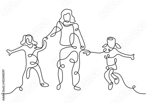 Happy mom with her two children in continuous line art drawing style. Young mother holding her children and walking together isolated on white background. Family concept. Vector illustration