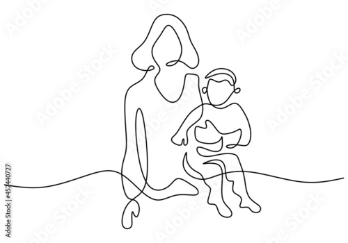 Continuous one line drawing of woman hold her baby. Happy young mom with her little child isolated on white background. Happy Woman's Day. Family parenthood concept. Vector illustration