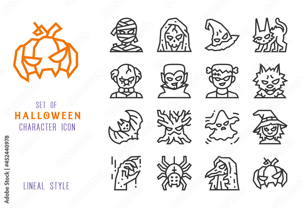 Halloween character line icon set for decoration