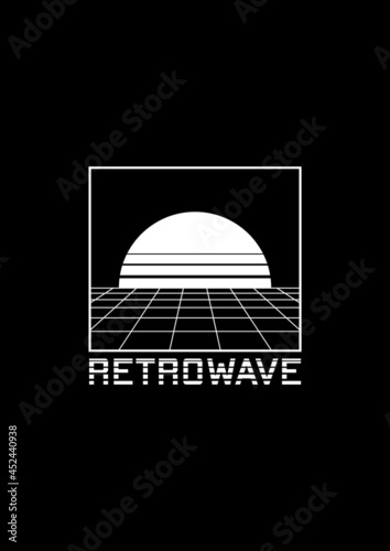 Retrowave t-shirt and apparel design with perspective grid, sun in the horizon, and stripy title RETROWAVE. The 1980s aesthetics. Black and white print. Vector