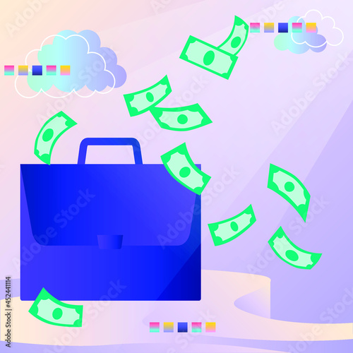 A briefcase from which USA dollars money pours money against the background of the beam and oblak. Success in business, trading and finance on the stock exchange. For the design of materials, infograp photo