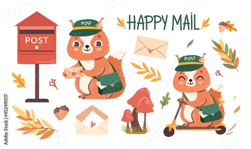 Autumn post set. Cute squirrel mailman with leaves, letters, mail box, mail bag. Isolated Fall woodland elements. Hand-drawn flat vector illustration