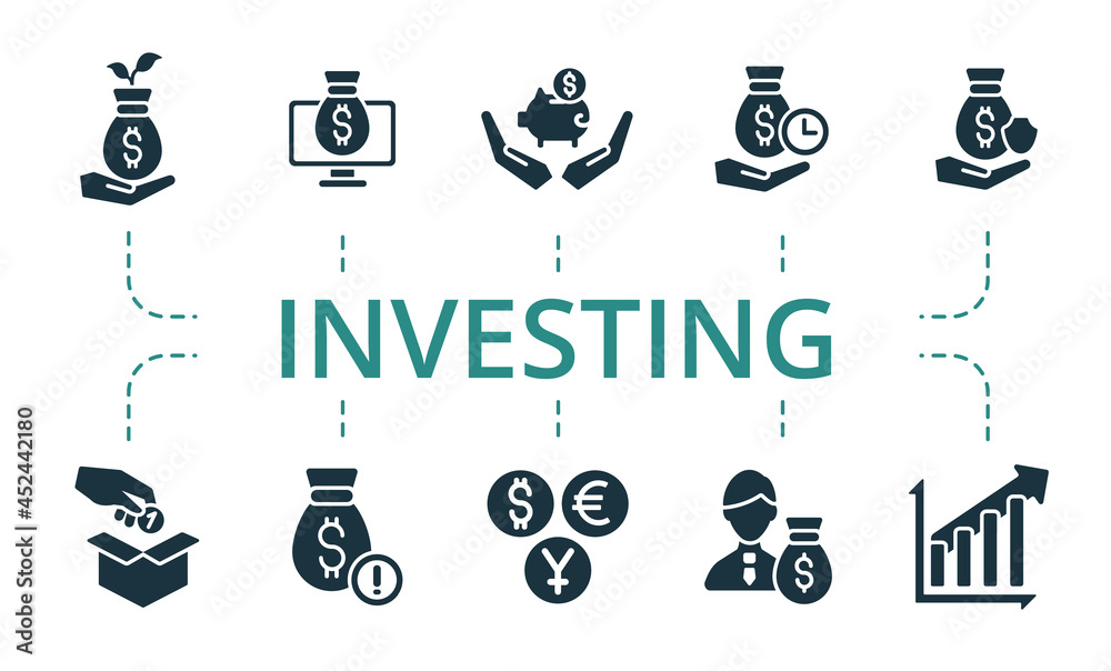 Fototapeta premium Investing icon set. Contains editable icons theme such as investor, investment choice, investment platform and more.