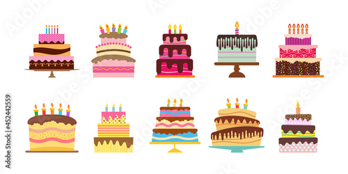 Sweet birthday cakes with burning candles