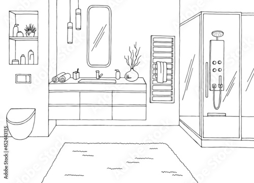 Bathroom graphic home interior black white sketch illustration vector 