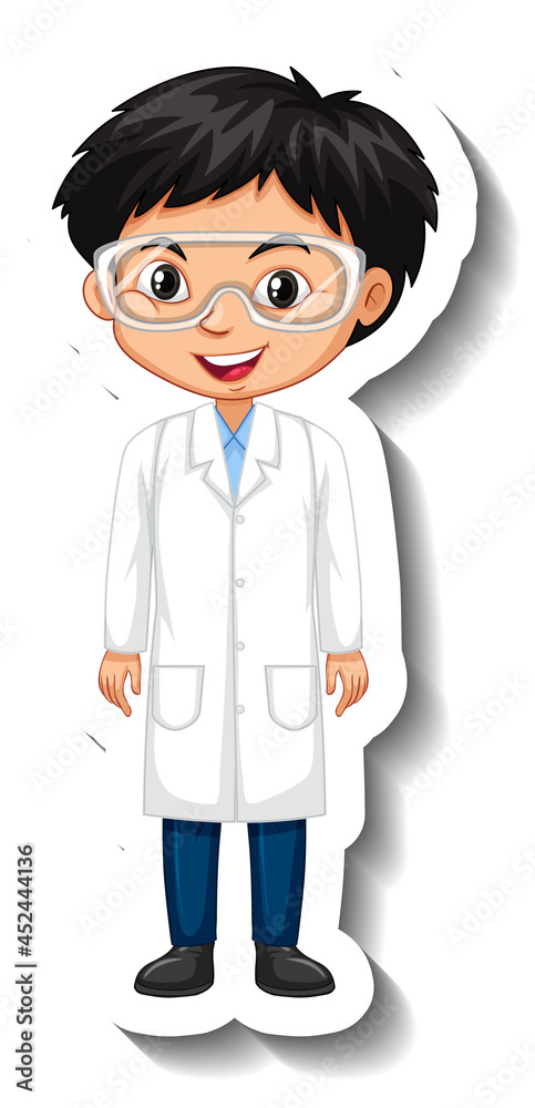 Cartoon character sticker with a boy in science gown Cartoon character sticker with a boy in science gown