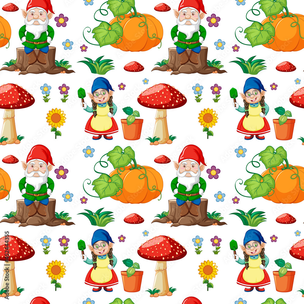Fototapeta premium Gnome or dwarf seamless pattern with garden elements
