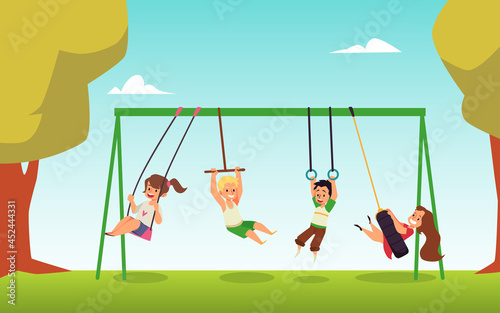 Summer park with children rocking on swings, flat vector illustration.