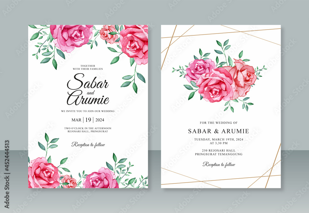 Beautiful wedding card invitation template with roses watercolor painting