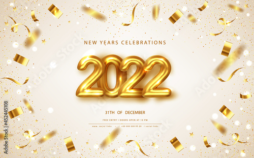 2022 Happy New Year greeting background with gold bow. Vector Christmas illustration.