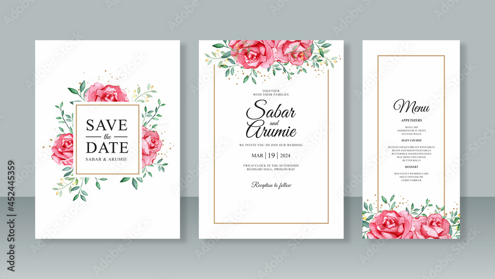 Red rose watercolor painting for beautiful wedding card invitation set template
