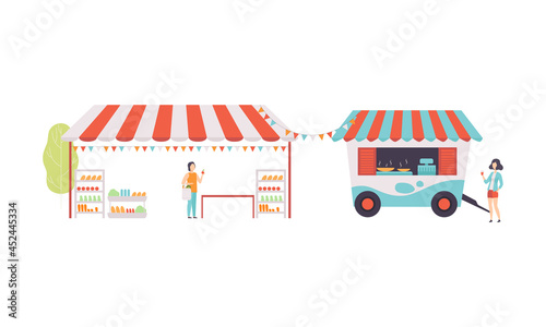 Park Kiosk with Striped Awning and Woman Buying Food and Snack Vector Set