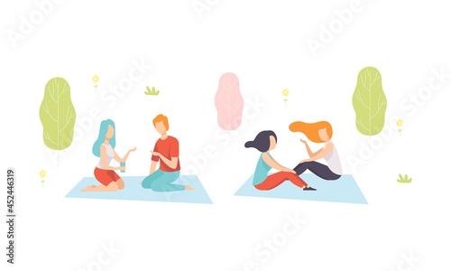 People Character Enjoying Picnic in Nature Sitting on Blanket and Talking Vector Set
