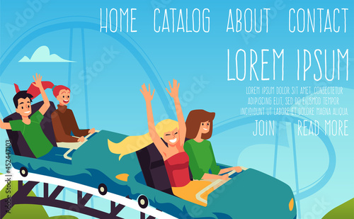 Amusement park rides and attractions web banner, flat vector illustration.