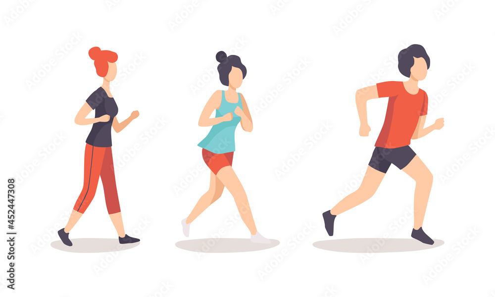 People Running and Jogging Doing Sport and Physical Exercise Training Body and Muscle Vector Set People Running and Jogging Doing Sport and Physical Exercise Training Body and Muscle Vector Set