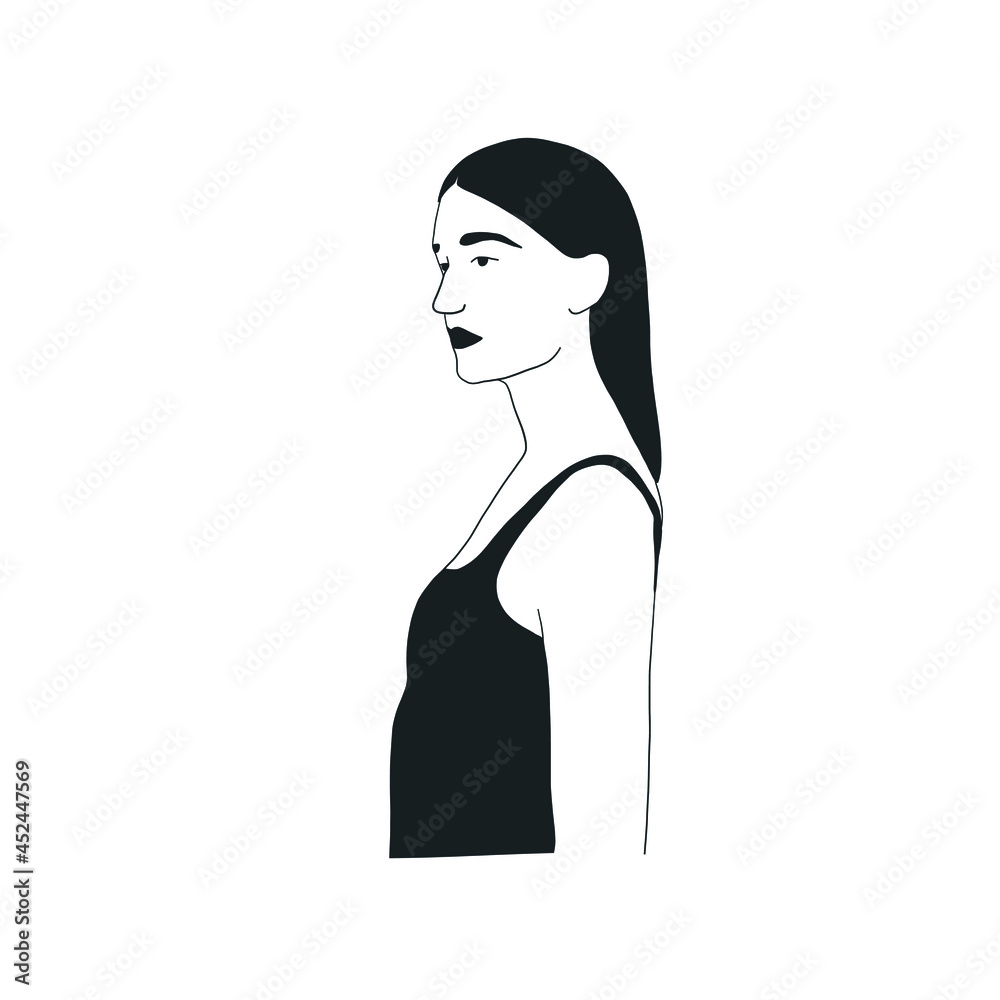 Sexy woman in black underwear or swimsuit hand drawn in graphic style. Isolated female figure. Vector design for logo. Yoga, beauty salon, fitness