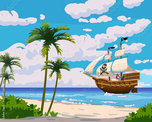 Tropical Island Pirate ship under sail in ocean, treasure tropical, palms. Sea landscape coast, beach, sand, adventure, game. Vector illustration