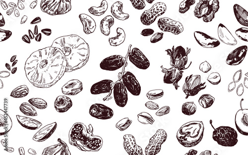 Hand drawn illustration, seamless pattern with nuts, seeds and dried fruits