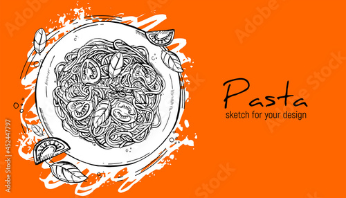 italian pasta with tomato and basil. Hand drawing sketch.
