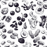 Hand drawn illustration, seamless pattern with nuts and dried fruits