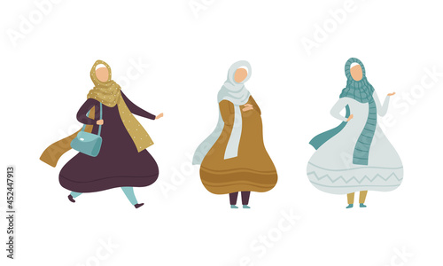 Muslim Woman in Hijab Walking with Handbag and Pregnant Vector Set