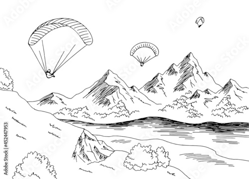 Paraglider fly mountain river graphic black white landscape sketch illustration vector