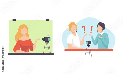 Man and Woman Blogger or Vlogger Making Video Content for Web Channel Vector Set