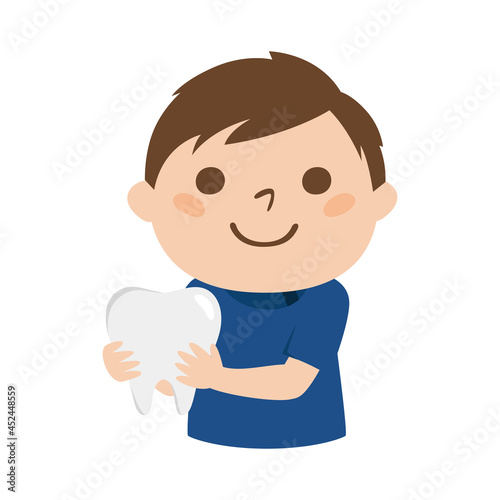 歯医者のイラスト。白い歯を持ってる男性歯科医。