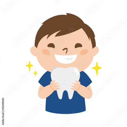 歯医者のイラスト。白い歯を持って笑っている男性歯科医。