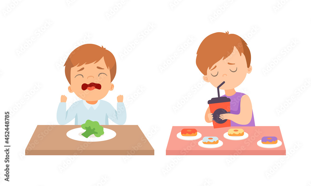 Little Boy at Table Showing Dislike and Disgust Towards Broccoli and Enjoying Drinking Soda and Fast Food Vector Set Little Boy at Table Showing Dislike and Disgust Towards Broccoli and Enjoying Drinking Soda and Fast Food Vector Set