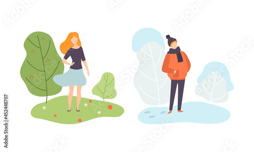 Season Scene with Man and Woman Character Walking in Sunny Summer and Snowy Winter Day Vector Set
