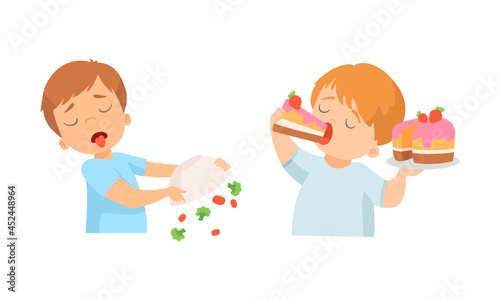Little Boy Gulping Sweet Cake and Throwing Bowl with Vegetable Showing Dislike and Disgust Vector Set