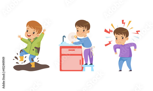 Naughty and Obedient Little Boy Splashing in Mud and Washing Dishes in Kitchen Sink Vector Set photo