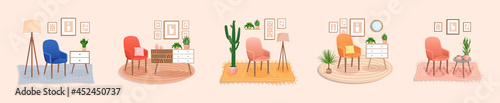 Set of cute interiors with an chair. Cute interior with modern furniture and plants. Living room interior. Vector flat style illustration. Trendy scandinavian hygge apartment. Collection.