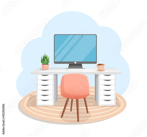 Workspace with computer, table, plant, chair, carpet and cup on isolated white background for home office, cabinet, remote work, freelance, teaching. Vector illustration in flat cartoon style.