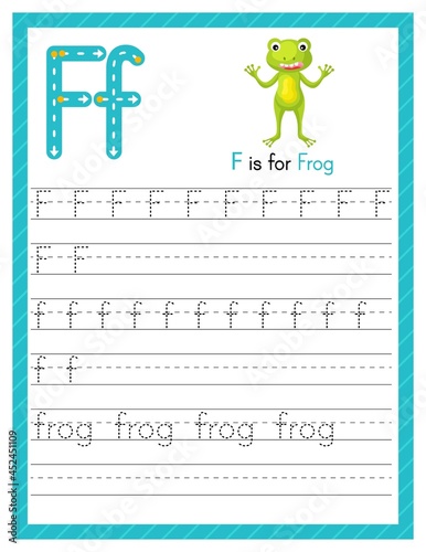 Trace letter F uppercase and lowercase. Alphabet tracing practice preschool worksheet for kids learning English with cute cartoon animal. Activity page for Pre K, kindergarten. Vector illustration