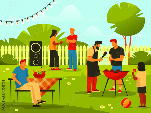 Barbecue or bbq party in backyard, background or banner. Family or friends enjoy resting or have picnic on yard. Outdoor leisure activity, weekend pastime. Summer recreation landscape.
