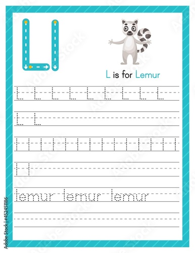Trace letter L uppercase and lowercase. Alphabet tracing practice preschool worksheet for kids learning English with cute cartoon animal. Activity page for Pre K, kindergarten. Vector illustration