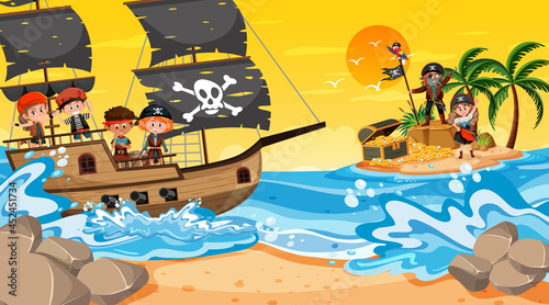 Treasure Island scene at sunset time with Pirate kids on the ship