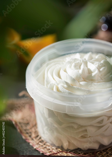 Whipped Shea butter. Organic cosmetics with herbal ingredients. Concept of the organic cosmetics.