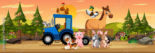 Panorama landscape scene with various farm animals in the farm