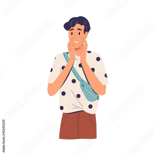 Surprised amazed man standing and looking at smth in astonishment and amazement. Excited happy person with astonished wow face expression. Flat vector illustration isolated on white background
